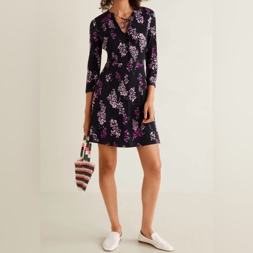 MNG Suit Midi Dress with Purple Floral Print and Keyhole Tie-Neck